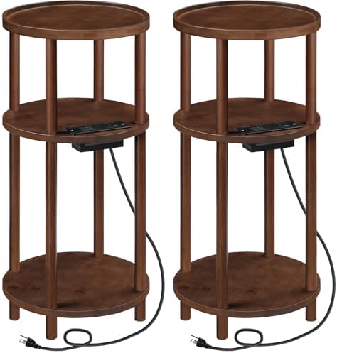 HOOBRO Set of 2 Small Round Side Tables with Charging Station, 3-Tier Round Bamboo End Tables, Compact Sofa Bedside Tables, Easy Assembly, for Living Room, Bedroom, Apartment, Mocha MA152UBZP201 by HOOBRO