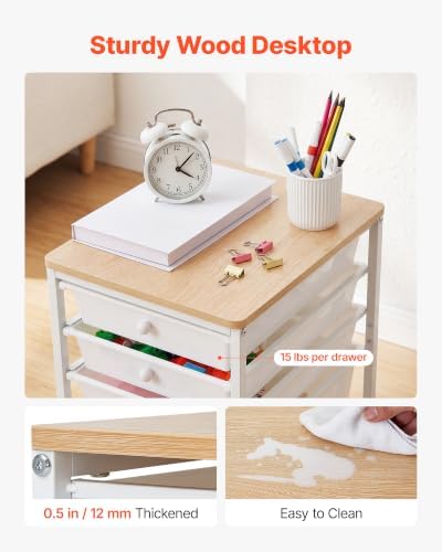 VEVOR Rolling Cart with Drawers, 5 Drawer Storage Organizer, Mobile Utility Cart with Wood Top, Steel Frame, Universal Casters & 2 Brakes, for Office, Classroom, Craft Supplies, Bedroom, Makeup, White - Image 4