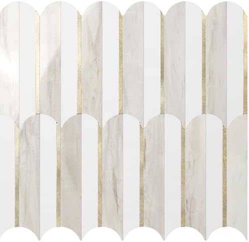 Vamos Tile Peel and Stick Backsplash Seamless Tile for Kitchen and Bathroom,White and Glossy Wooden Marble PVC Mixed Light Gold Self Adhesive Fish Scale Metal Mosaic Tiles (10 Sheets) by VamosTile