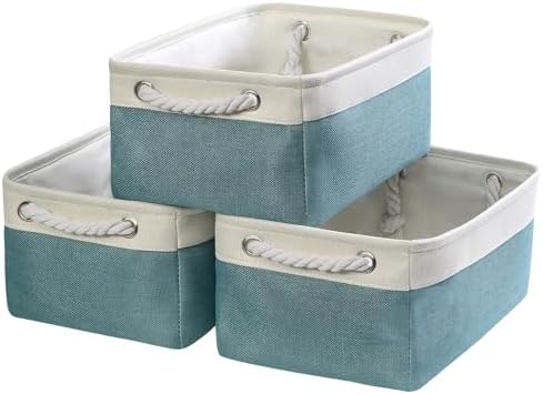 TheWarmHome Fabric Storage Bins Baskets for Organizing,Sturdy Storage Basket W/Handles, Decorative Foldable Storage Baskets for Shelves Closet Nursery Toy (White&Teal, Medium - 3 Pack) by TheWarmHome