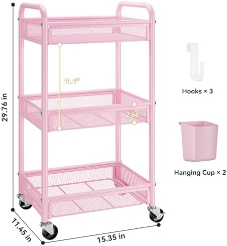YASONIC 3 Tier Metal Rolling Cart, Pink Utility Storage Cart with Wheels - Image 6