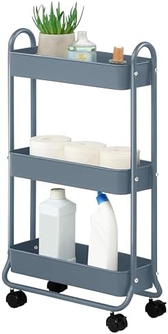 SunnyPoint Slim Rolling Storage Cart, 3 Tier Bathroom Storage Organizer Bathroom, Laundry Utility Cart (Blue) by SunnyPoint