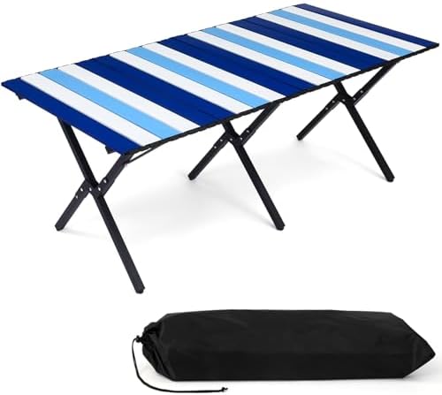 CroBlissful Beach Table Folding Camping Portable Table Striped White Aluminum Side with Carry Bag for Summer Camping Picnics and Outdoor Activities(48x24x18 in,Navy Blue) by CroBlissful