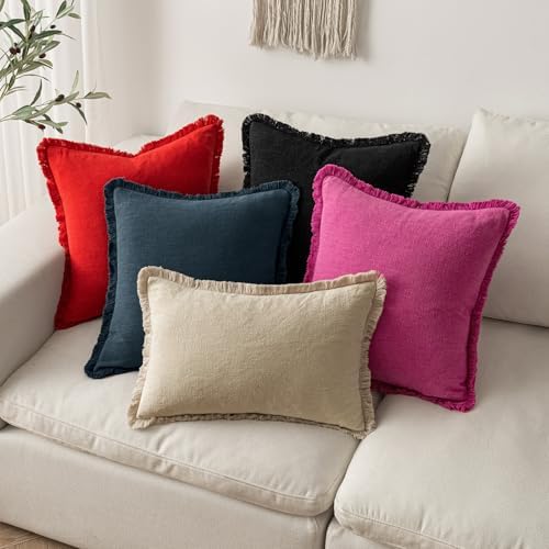 MIULEE Boho Linen Fringe Decorative Throw Pillow Covers Red 18x18 - Image 5