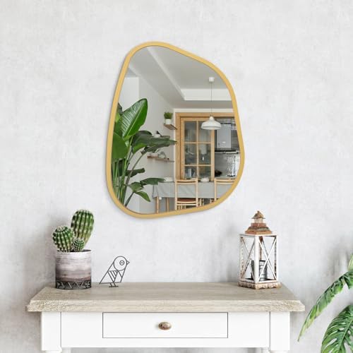 Gold Asymmetrical Mirror Large 20"x16" Irregular Oval Wall Mirror Modern Wood Frame Unique Shape Wall Mounted Vanity Artistic Mirror Decorative for Living Room Bedroom Bathroom Entryway - Image 4
