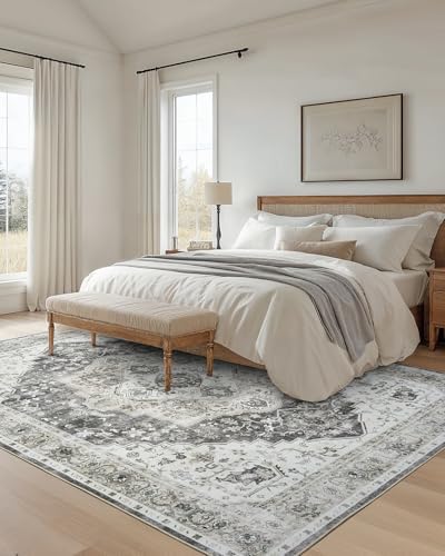 AMADA HOMEFURNISHING Grey 8x10 Area Rug, Washable Low-Profile Large Area Rug with Non-Slip Backing & Durable Edge Binding, Vintage Large Rugs for Living Room, Bedroom - Image 3
