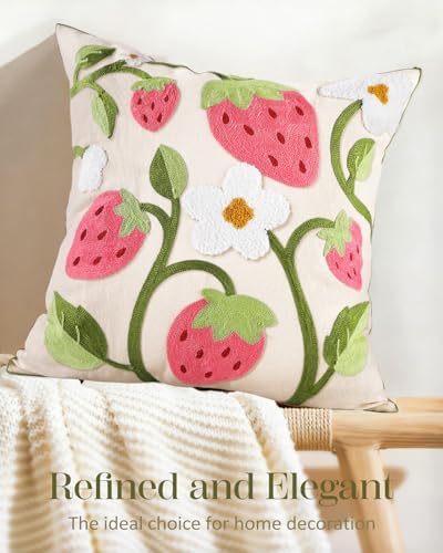 Embroidered Throw Pillow Cover 18x18 Inch, Branch Strawberry - Image 5