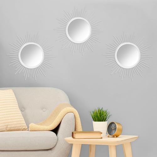 Mirror Wall Decor White Mirrors for Wall Metal Sunburst Mirrors Home Decoration Wall Art Decorative Mirror Suitable for Living Room Bedroom Bathroom Entrance Set of 3 12'' - Image 3