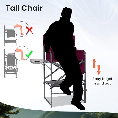 Tall Directors Chair 30" Seat Height, Bar Height Folding Chair with Side Table, Foldable Camping Chair with Side Pocket for Makeup Artist, Sports Event, Supports 400LBS - Red - Image 7