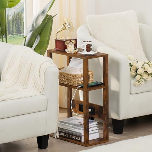 YUFAM 3-Tier Narrow Bedside Table with Charging Station, Skinny Nightstand - Image 5
