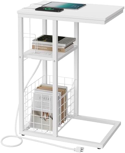 Vagusicc C Shaped End Table with Charging Station, Side Table for Couch, Small Side End Table for Small Spaces, 28" High Slide Under Sofa Table for Coffee, Tv Tray Table for Living Room, White by Vagusicc