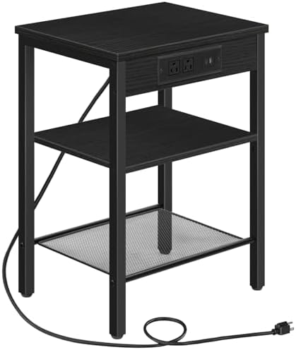 HOOBRO Side Table with Charging Station and USB Port, Small End Table for Small Space, 3-Tier Nightstand with Adjustable Shelf, for Living Room, Bedroom, Black BB112BZ01 by HOOBRO