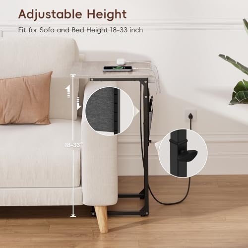 Vagusicc C-Shaped End Tables Set of 2 with Charging Station, 33'' Tall C Table Adjustable Height Side Table, Sofa Table for Couch, Couch Table that Slide Under Sofa, TV Trays for Living Room, Greige - Image 5