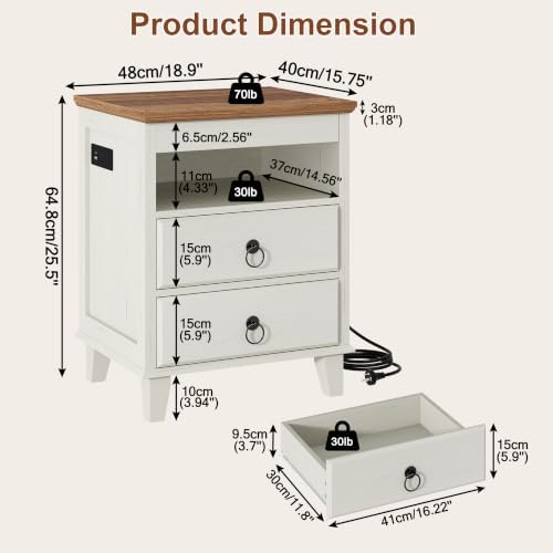 Yusong LED Night Stand with Gun Drawer, Bedside Table with Charging Station, Sofa Couch End Side Table with 2 Drawers ＆Open Shelf for Bedroom, White - Image 2