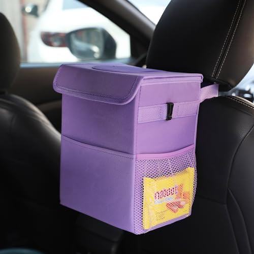 AOKJOY Car Garbage can with lid Leak Proof Vehicle Trash Can 3 Storage Pockets Hanging Waterproof car Trash Bag for SUV Purple - Image 4