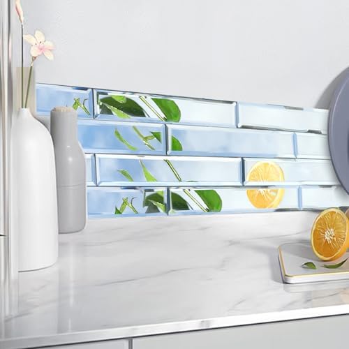 12 Pcs Peel and Stick Beveled Mirror Glass Tile.12x1.2 Inch Mirror Backsplash Tiles. Cute Mirror Strip Tile for Kitchen, Bathroom Wall. 12 Pcs - Image 3
