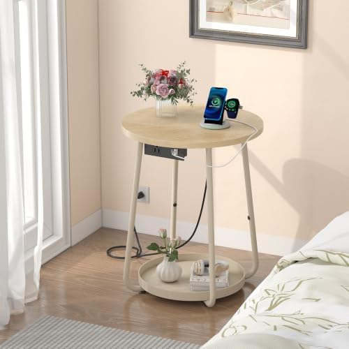 sthmec Small Round Side End Table with Storage and Charging Station, 2 Tier Round Bedside Sofa Couch Coffee Tables with Tray, Metal Nightstand for Small Spaces, Living Room Bedroom, Natural - Image 6