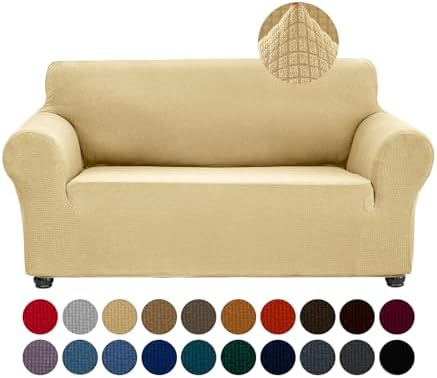 Joccun Stretch Loveseat Couch Cover Slipcover, 1-Piece Sofa Cover for 2 Cushion Couch Spandex Jacquard Washable Furniture Protector Cover for Living Room,Kids,Pets（Loveseat,Champagne） by Joccun
