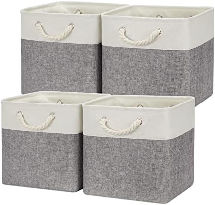 Temary Fabric Baskets 12 Inch Storage Cubes Basket with Handle, Clothes Baskets for Gift, Large Bins for Organizing Books, Blankets (White&Gray) by TEMARY