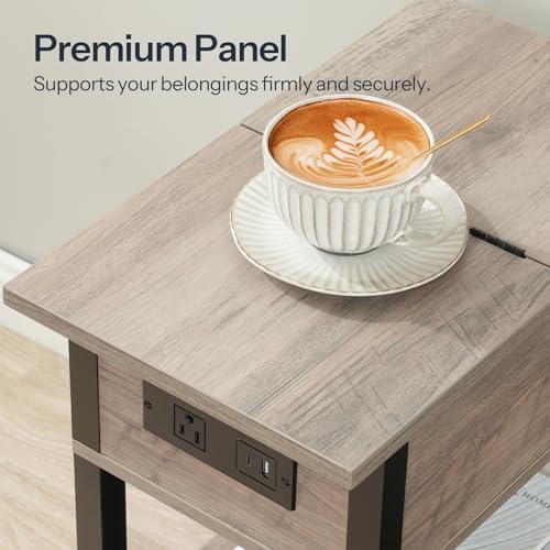 HOOBRO End Table with Charging Station, Flip Top Side Table with USB Ports, Narrow Nightstand Bedside Tables with Storage Shelves, for Small Space, Living Room,Greige and Black BG141UBZ01 - Image 6