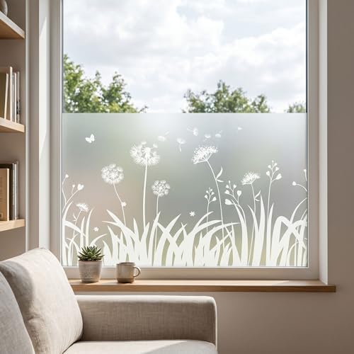 Static Cling Window Privacy Film, 78" x 17" Frosted Glass Covering with Wildflower & Botanical Patterns, Removable No Glue Window Film for Home Bathroom Bedroom Office (Dandelion) by TAMHOO