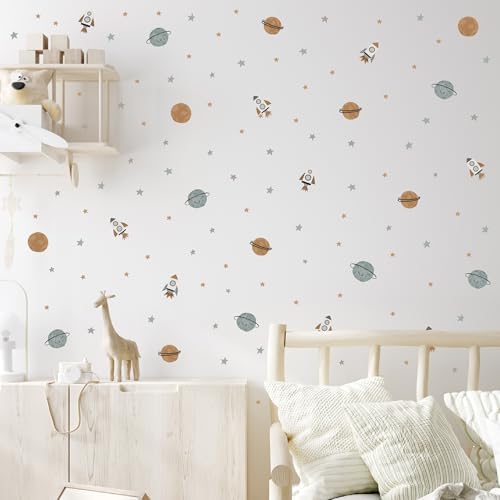 Galaxy Space Wall Decals - Set of 114 Rockets Planets Stars Stickers for Boys Bedroom, Nursery & Playroom - Removable Outer Space Peel & Stick Wall Decor by WallPalz