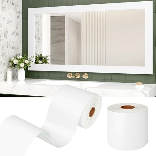 WESTICK Peel and Stick White Wallpaper Borders Waterproof Mirror Frame Border for Bathroom Solid White Mirror Tape Border Vinyl Trim for Bulletin Board Bedroom Wall Decor 3.9"x160" by WESTICK