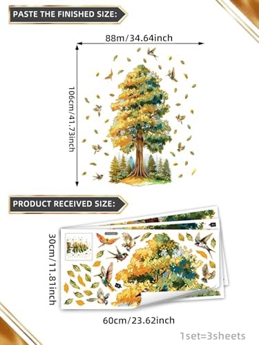 Golden Fall Tree Wall Stickers - Lush Gradient Tree Birds Falling Leaves Peel & Stick Removable Waterproof Wall Decals for Living Room Bedroom,88 cm x 106 cm - Image 6