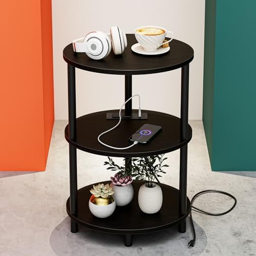 Small Round Side Table - 3-Tier Oval Accent Table for Small Spaces, Rustic Wood and Metal Nightstand for Living Room or Bedroom, Built-in USB Ports and Power Outlet, Charcoal Wenge by RISWER