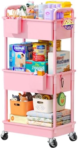 SUNALLY Baby Diaper Caddy Cart, 3 Tier Rolling Diaper Cart for Nursery,Pink by SUNALLY