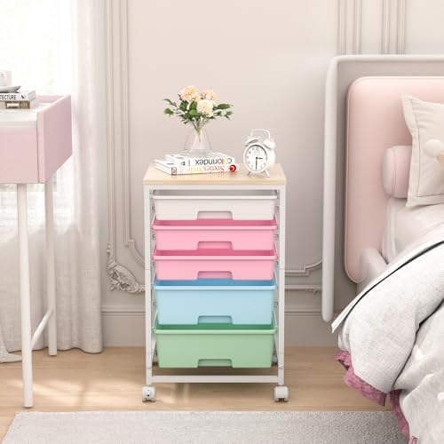SYKIARIOL Utility Cart with 5 Drawers with Wooden Top, Rainbow - Image 2