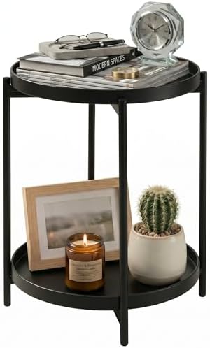 TeoKJ 2 Tier Round Side Table, Folding Round Metal End Table Small Nightstand with Two Removable Tray for Bedroom Living Room Bedside Small Spaces Black by TeoKJ