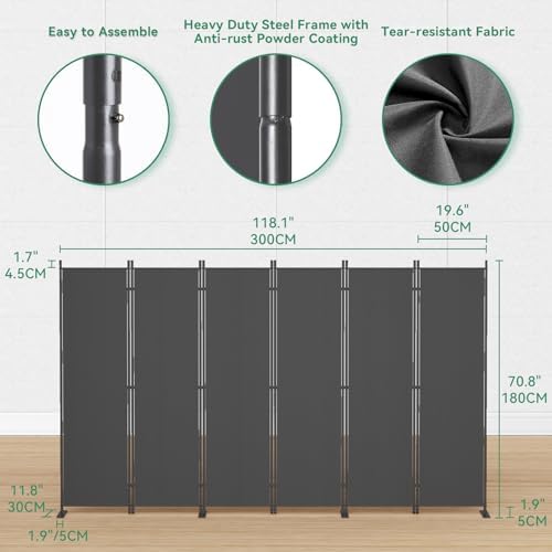 Helios&Hestia 6-Panel 6 ft Tall Indoor Folding Room Divider, Portable Privacy Screen, Freestanding Partition Separator, Temporary Wall Separation for Bedroom, Office, 120" W X 71" H, Dark Grey - Image 6