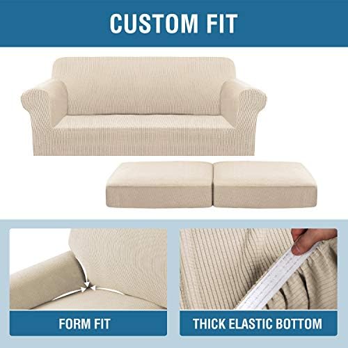 H.VERSAILTEX 3 Piece Stretch Sofa Covers for 2 Cushion Sofa Couch Covers for Living Room Sofa Slipcovers (Base Cover Plus 2 Seat Cushion Covers) Thicker Jacquard Fabric(Large Sofa, Natural) - Image 6