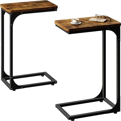 QEEIG Narrow C Shaped Side Table Set of 2 Living Room Sets Slim Couch Tray Tables Skinny Thin Small Farmhouse 9.5 inch Width, Rustic Brown (017-24BN) by QEEIG