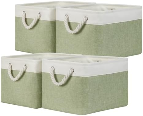 Temary Fabric Storage Baskets 4Pack Storage Bins Decorative Basket for Gift, Clothes Bin with Handles, Rectangle Baskets for Storage, Blankets(White&Green,15x11x9.5 inch) by TEMARY