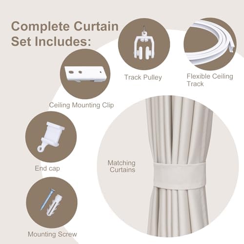 MaKefeile Room Divider Curtains & Flexible Bendable Tracks Set,Privacy Dividers Ceiling Track Curtain Window Blackout Curtains for Living Room Bedroom (W100 × H96 in 1 Panel Beige Drape & White Rail) - Image 2