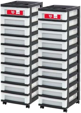 IRIS USA Plastic Drawer Storage Organizer Rolling Cart, 2-Pack, with Wheels Casters, 10-Drawers, for Classroom Art Craft Supplies Dresser Closet Bathroom Laundry Room, Black/Pearl by IRISUSA