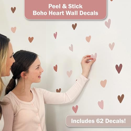 Boho Hearts Wall Decals - Set of 62 Pink, Beige, Brown & Mauve Heart Stickers for Bedroom, Nursery & Living Room - Peel & Stick Removable Vinyl Wall Decor - Image 2