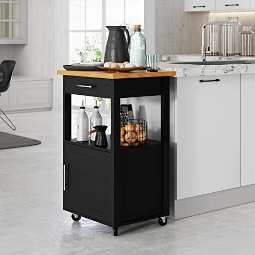 Shintenchi Kitchen Island Cart with Storage,Rolling Kitchen Island Side Table on Wheels with Worktop,Single Door Storage Cabinet and Drawer for Kitchen,Dinning Room, Black by Shintenchi%7CFurnitureMadeforRealLife