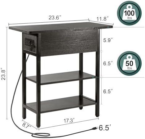 Yoobure End Table with Charging Station, Flip Top Side Table with USB Ports and Outlets, Sofa Couch Table Bedside Table for Living Room Bedroom, Narrow Nightstand with Storage Shelves for Small Space - Image 3