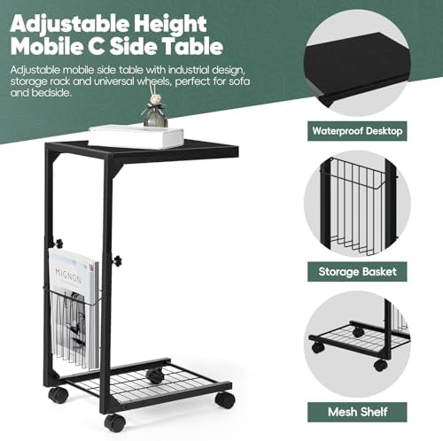 C Shaped End Table Small Side Table with Wheels Slide Under Couch Table for Sofa Adjustable Height C Table with Metal Frame for Living Room Bedroom Bedside, Black - Image 3
