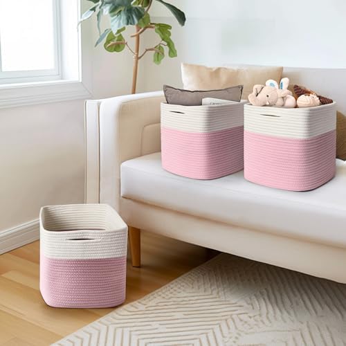 11x11 Cube Storage Bin - 3 Pack Woven Storage Cubes Organizer, 11 Inch Cotton Rope Baskets for Organizing, Decorative Square Shelf Baskets Closet Bins, Toy Boxes for Girls, Pink Room Decor - Image 4