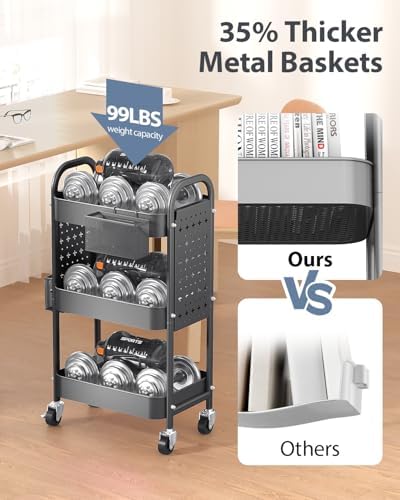 ALVOROG 3 Tier Metal Rolling Utility Cart with Pegboards,Baskets,Hooks,Gray - Image 3