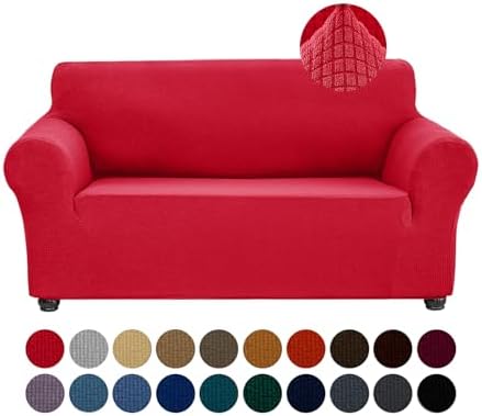 Joccun Christmas Stretch Loveseat Couch Cover Slipcover, 1-Piece Sofa Cover for 2 Cushion Couch Spandex Jacquard Washable Furniture Protector Cover for Living Room,Kids,Pets（Loveseat,Ruby） by Joccun