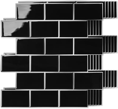 Art3d 10-Pack Subway Peel and Stick Backsplash, Black with Silver Grout by Art3d
