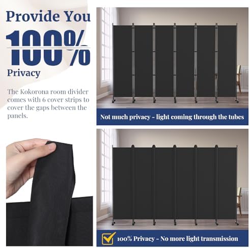 Kokorona 6 Panel Room Divider, 6FT Tall Rolling Privacy Screen with Lockable Wheels, Folding Wall Dividers Portable Room Divider for Room Separation, Included - Cover Strips, Black, 119''W x 70''H - Image 3