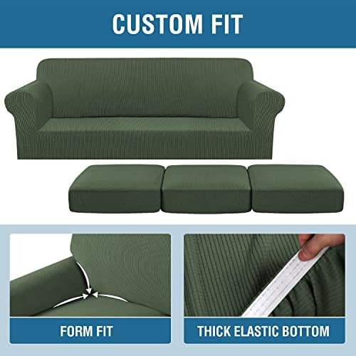 H.VERSAILTEX 4 Piece Stretch Sofa Covers for 3 Cushion Couch Covers for Living Room Furniture Slipcovers (Base Cover Plus 3 Seat Cushion Covers) Upgraded Thicker Jacquard Fabric (Sofa, Bronze Green) - Image 4
