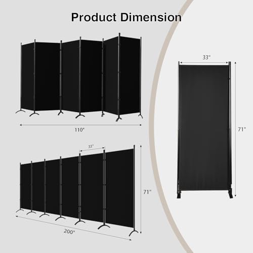Room Divider 6-Panel Privacy Screen, Portable Screen Steel Frame with Hook&Loop for Home, Office, Classroom, Studio, Meeting (Black) - Image 2