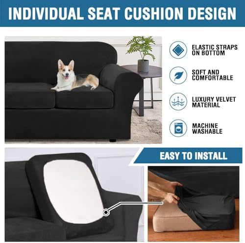 H.VERSAILTEX High Stretch Sofa Slipcover 4 Piece Cover Velvet Furniture Protector Form Fit Thick Velvet Extra Large Sofa Cover for 3 Cushion Couch Width Up to 97 Inch (Large Sofa, Jet Black) - Image 6